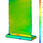 A colour deviation map comparing actuals to nominal cad for an aerofoil blade we 3D scanned