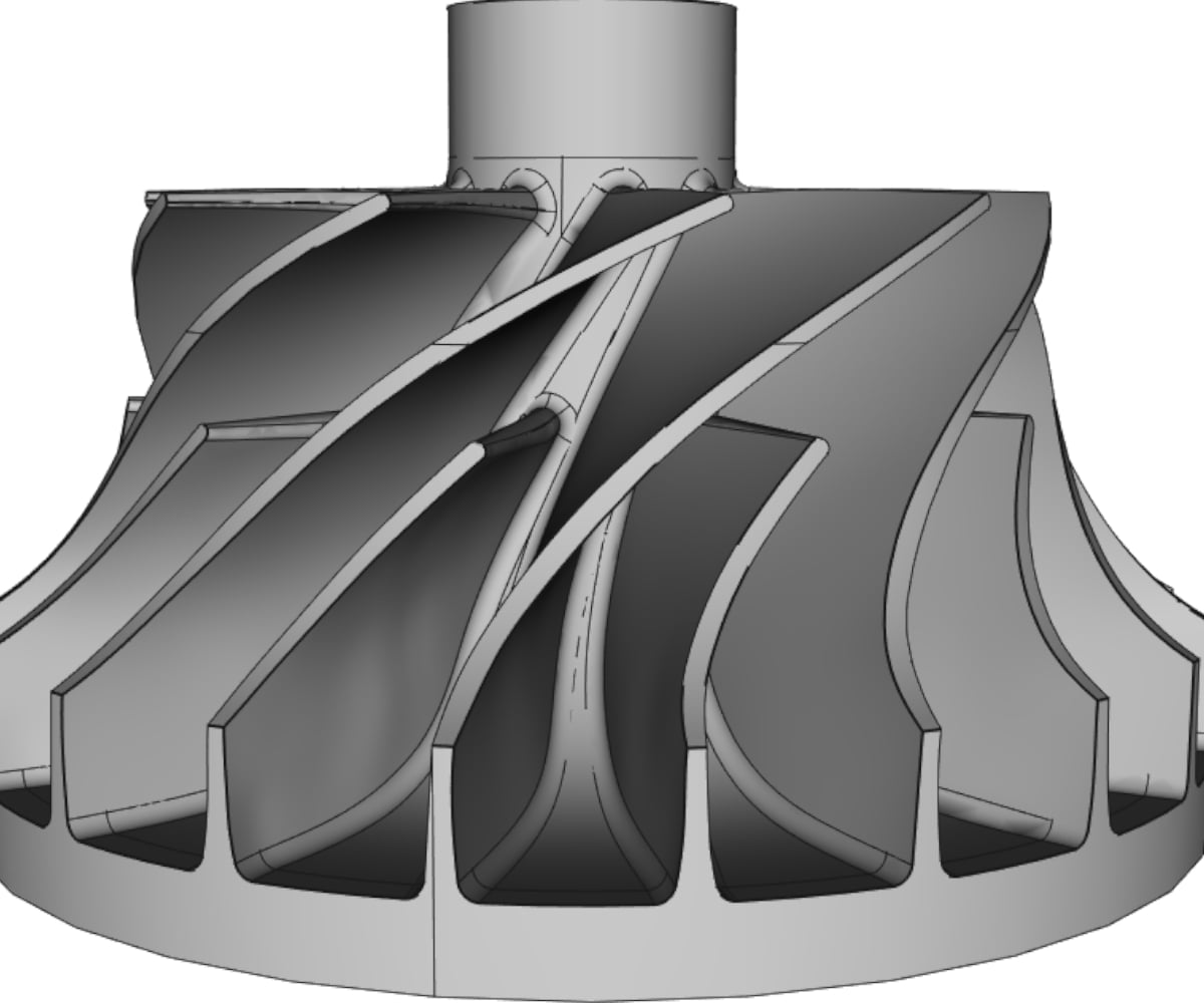 CAD model of the silver impeller after reverse engineering.