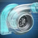 Computer-generated CAD view of turbocharger compressor impeller, transforming from lines to solid.