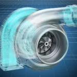 Computer-generated CAD view of turbocharger compressor impeller, transforming from lines to solid.