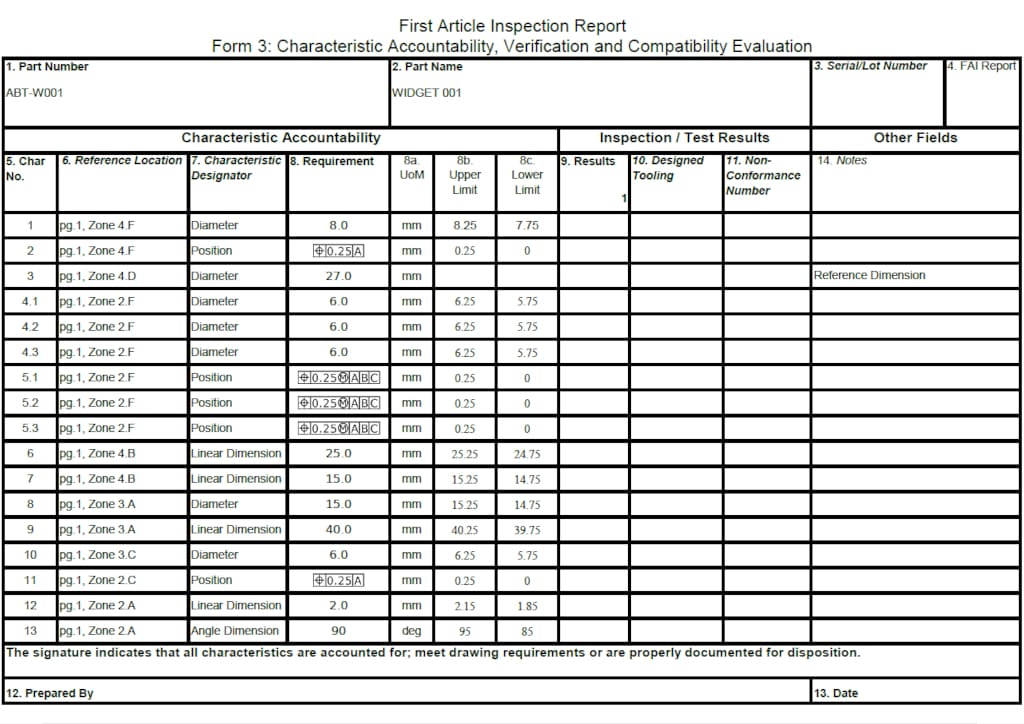 A simple Form 3 First Article Inspection report template created in Excel