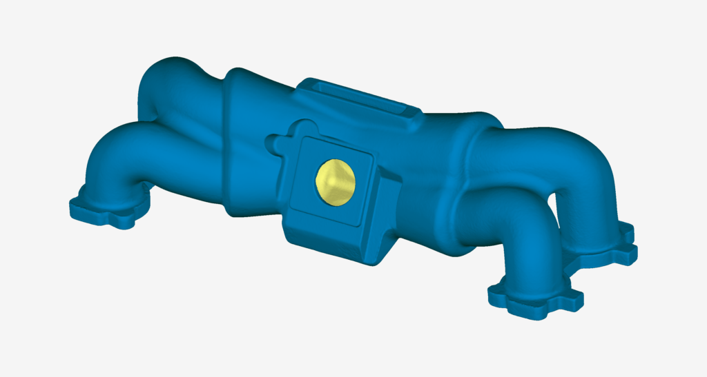 A blue STL mesh of an engine manifold generated by our 3D scanning service.