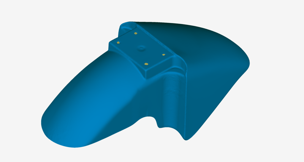 A blue STL produced by 3D scanning a motorcycle front fender.