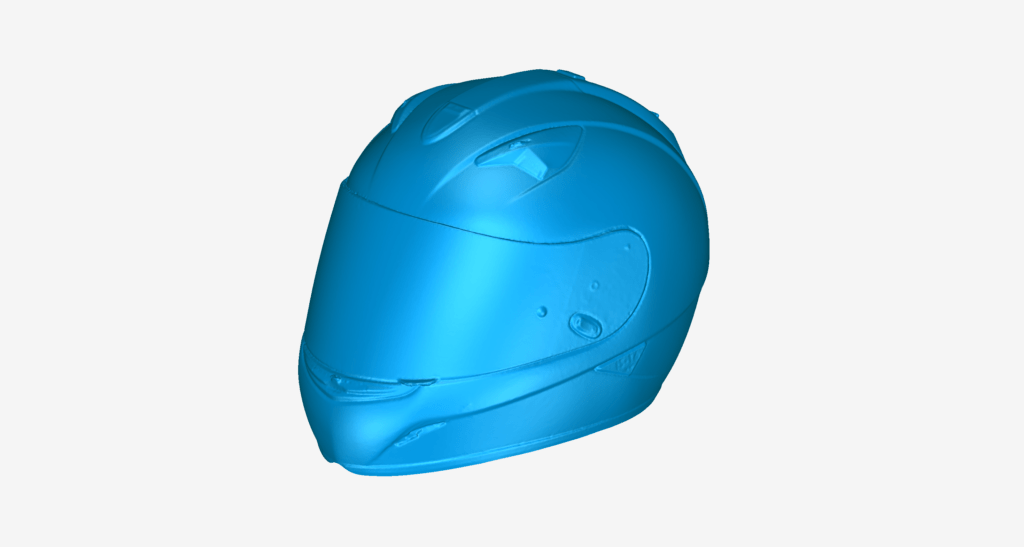 A blue STL model of a motorcycle helmet made using our 3D Scanning Scan to STL service.