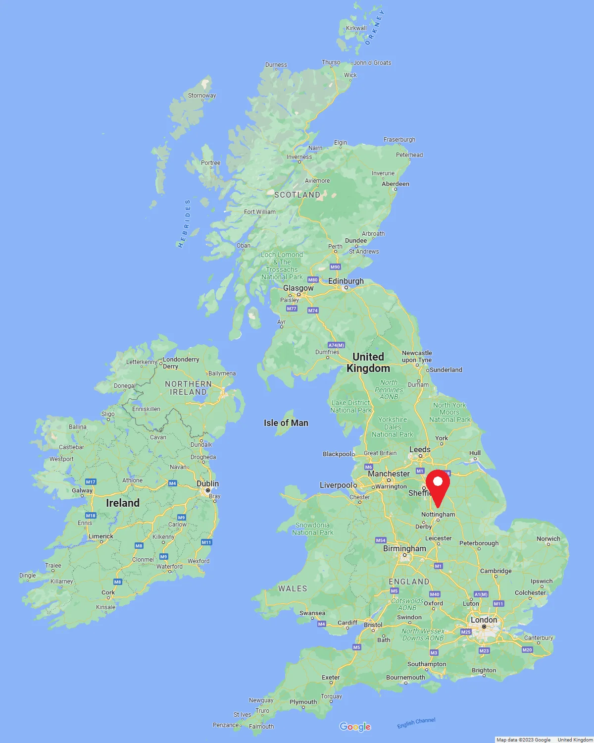 A map of the British Isles with our location highlighted by a red map marker.