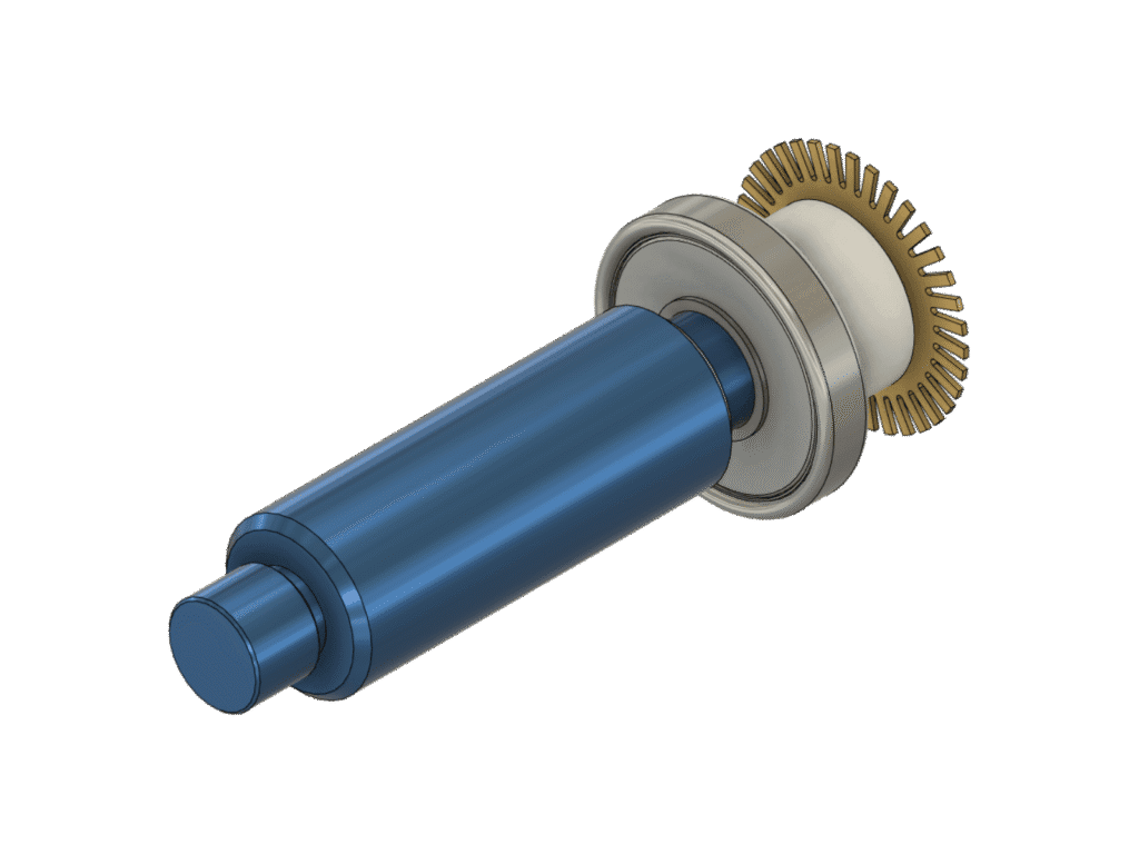 Reverse-engineered CAD assembly, blue shaft with silver disc and gold mechanism at end.