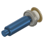 Reverse-engineered CAD assembly, blue shaft with silver disc and gold mechanism at end.