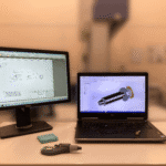 Workspace with part beside laptop showing 3D CAD model, second monitor displays 2D technical drawing