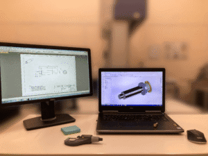 Workspace with part beside laptop showing 3D CAD model, second monitor displays 2D technical drawing