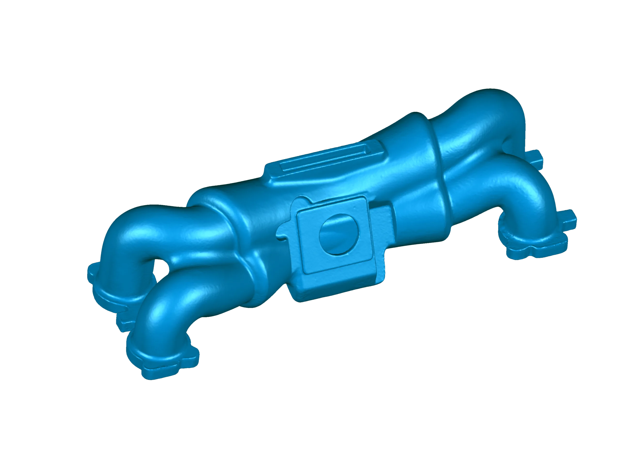 Blue mesh of 3D scanned engine manifold