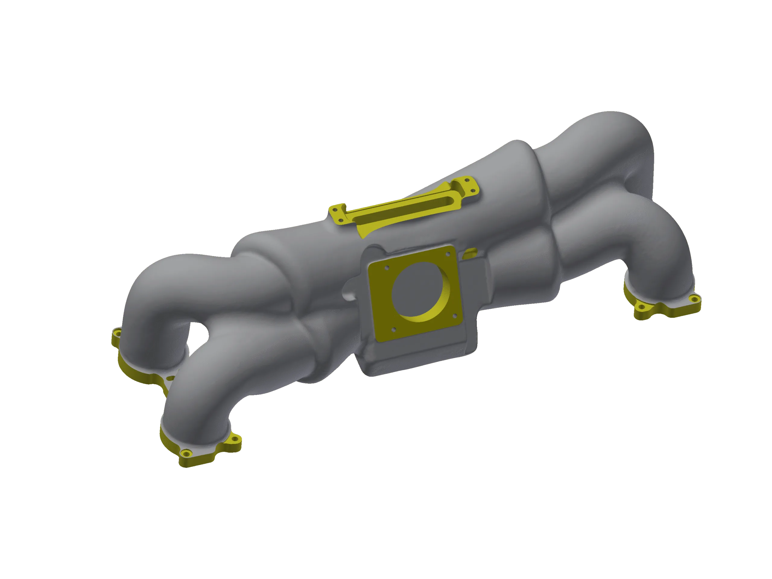 Reverse engineered CAD model with cast features in grey and machined surface in yellow.