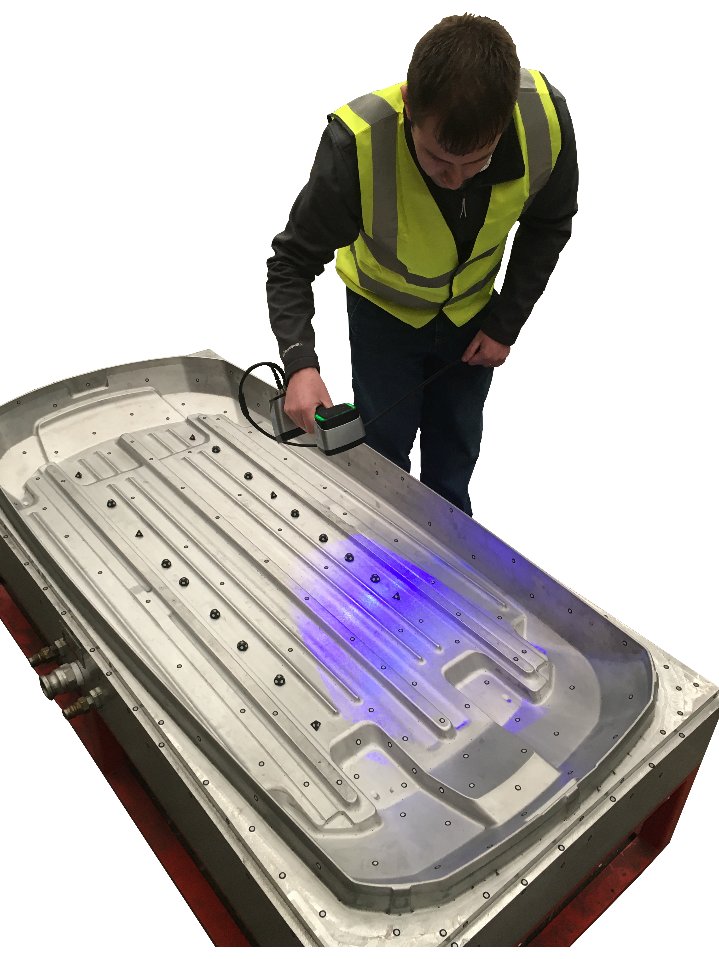 Man in yellow high viz scanning large silver mould tool.