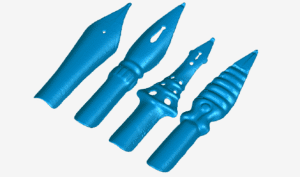 Four blue STL models of 3D scanned fountain pen nibs, ranging from simple to elaborate styles.