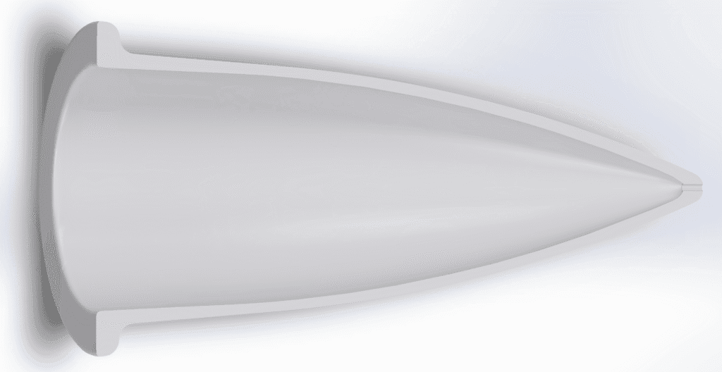 Sectioned view of reverse engineer radome CAD model. Grey on white background.