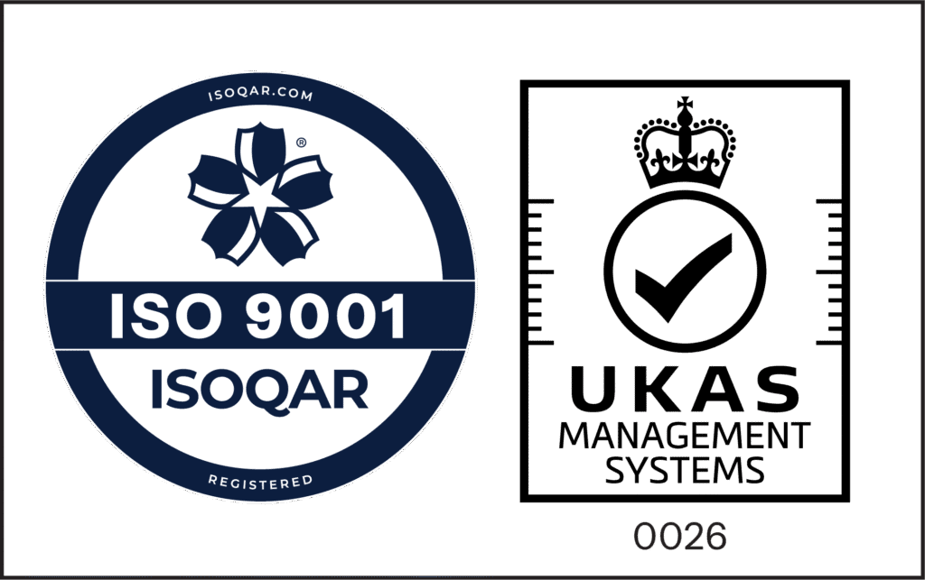 ISOQAR ISO 9001 blue cirlce logo next to black UKAS logo