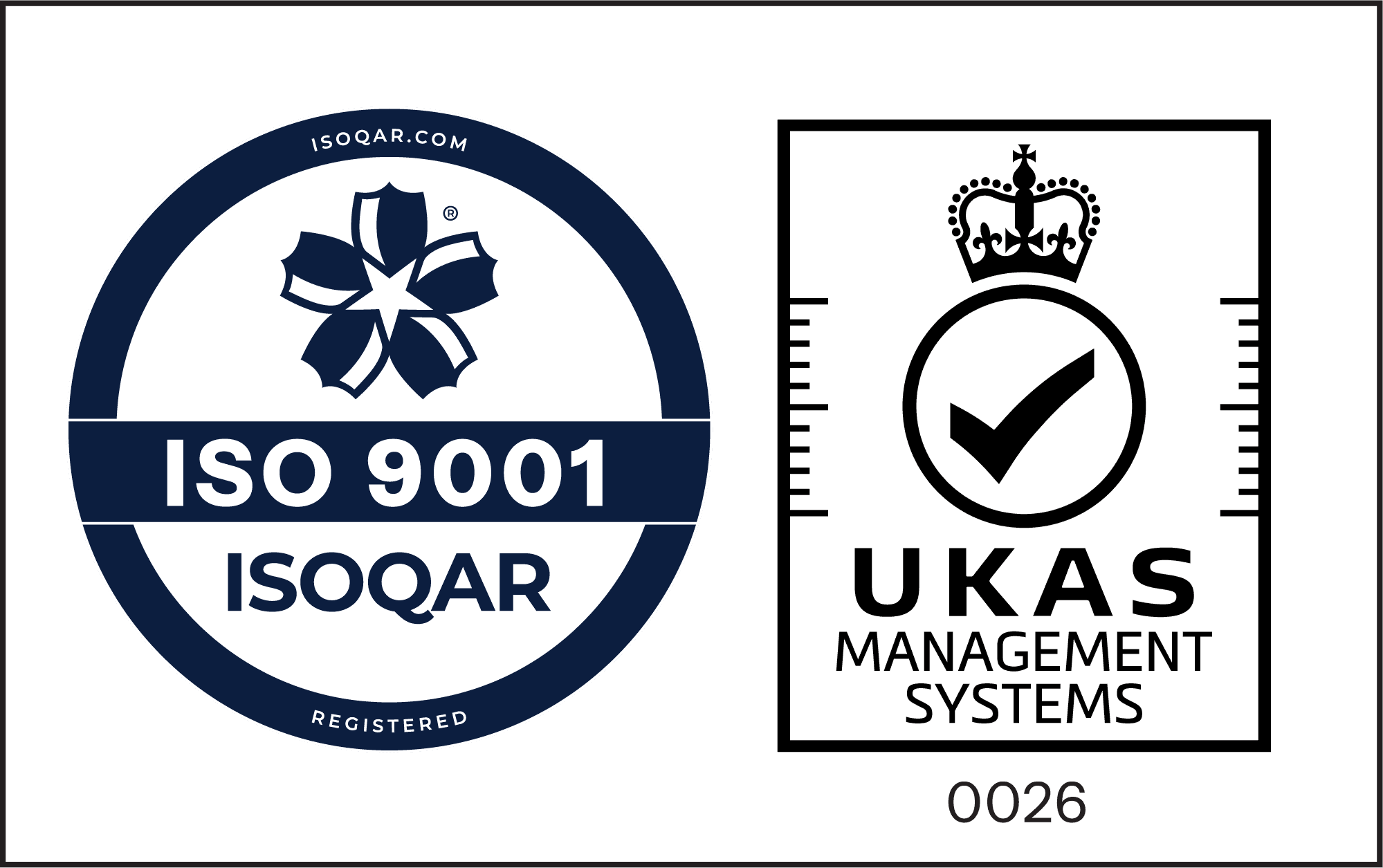 ISOQAR ISO 9001 blue cirlce logo next to black UKAS logo