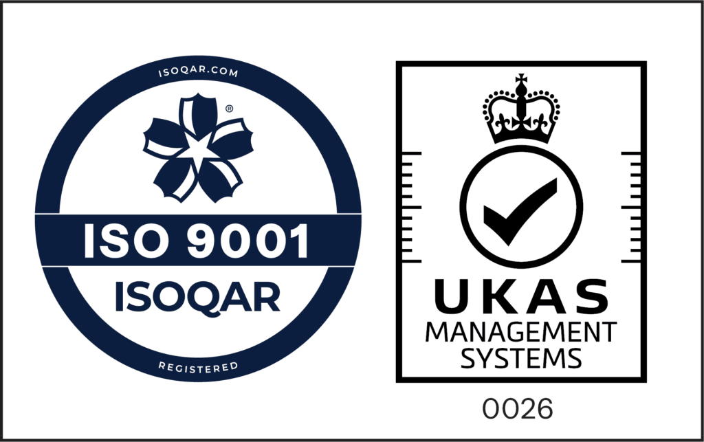 Round blue ISO 9001 ISOQAR logo left, black UKAS crown and tick management systems logo right.