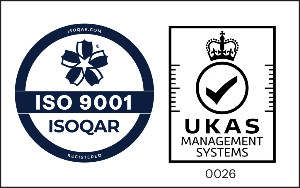 Round blue ISO 9001 ISOQAR logo left, black UKAS crown and tick management systems logo right.