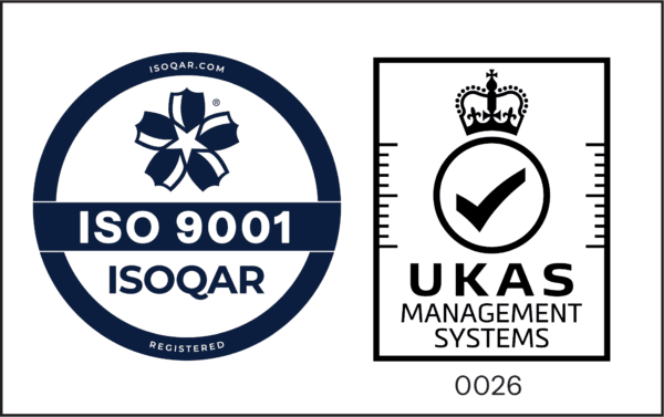 Blue ISO9001 ISOQAR logo left, black UKAS crown and tick management logo right