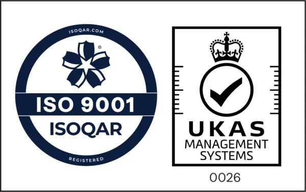 Blue ISO9001 ISOQAR logo left, black UKAS crown and tick management logo right